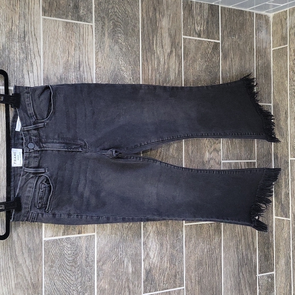 FRAME Le Crop Mini Boot Jeans Size 28 Shredded Hems Black